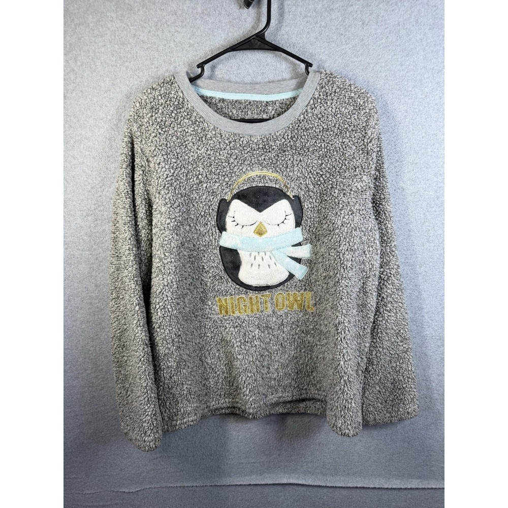 Sweater Womens Medium Gray Fleece Night Owl Penguin Graphic Pullover Cozy